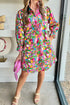Abstract Printed Lantern Sleeve Buttoned Mini Dress