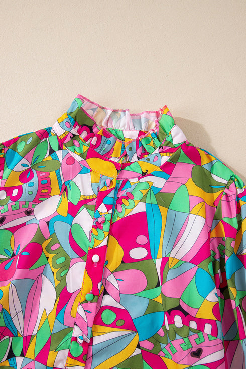 Abstract Printed Lantern Sleeve Buttoned Mini Dress
