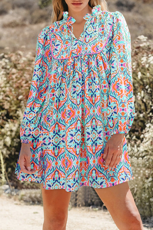 Abstract Printed Long Sleeve Tied Neckline Mini Dress