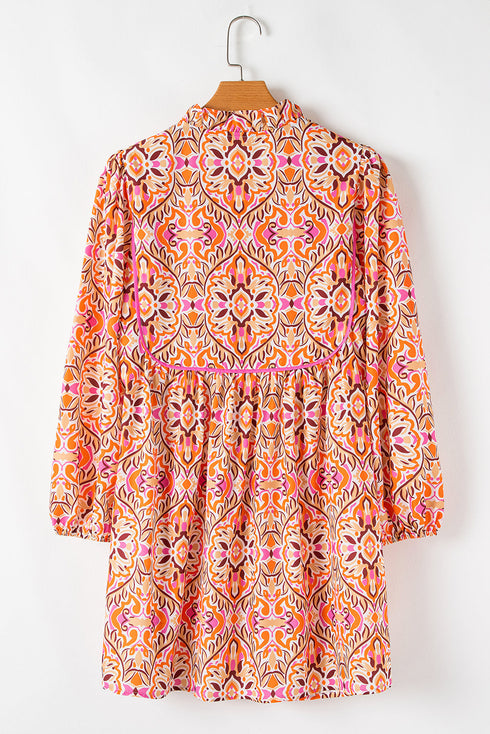 Abstract Printed Long Sleeve Tied Neckline Mini Dress