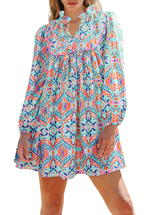 Abstract Printed Long Sleeve Tied Neckline Mini Dress