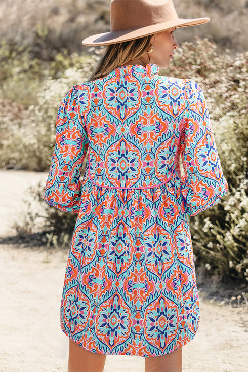 Abstract Printed Long Sleeve Tied Neckline Mini Dress