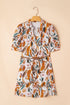 Abstract Printed Puff Sleeve Button Up Braided Belt Mini Dress