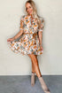 Abstract Printed Puff Sleeve Button Up Braided Belt Mini Dress