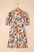 Abstract Printed Puff Sleeve Button Up Braided Belt Mini Dress