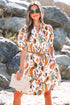 Abstract Printed Puff Sleeve Button Up Braided Belt Mini Dress