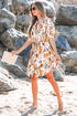 Abstract Printed Puff Sleeve Button Up Braided Belt Mini Dress