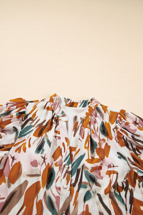 Abstract Printed Puff Sleeve Button Up Braided Belt Mini Dress