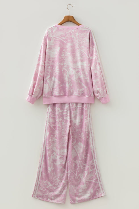 Abstract Side Stripe Long Sleeve Top Loose Pant Set