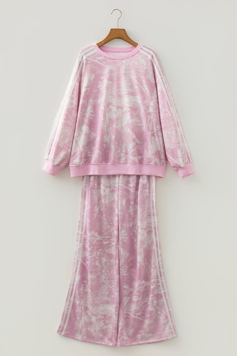 Abstract Side Stripe Long Sleeve Top Loose Pant Set
