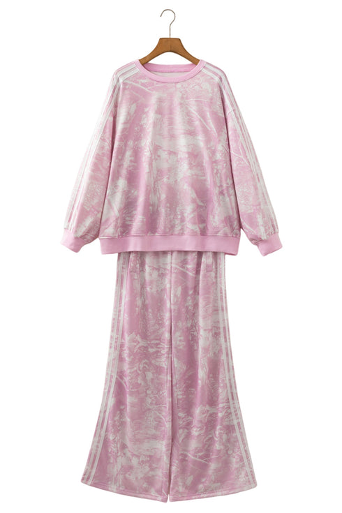 Abstract Side Stripe Long Sleeve Top Loose Pant Set