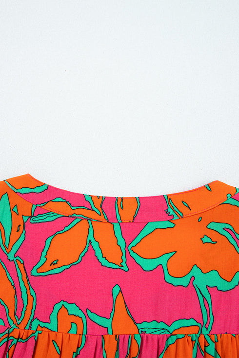 Abstract Sketch Floral Button Front Woven Blouse