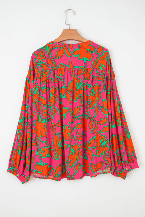 Abstract Sketch Floral Button Front Woven Blouse