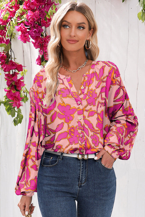 Abstract Sketch Floral Button Front Woven Blouse