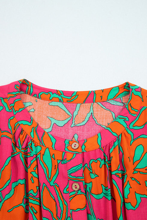 Abstract Sketch Floral Button Front Woven Blouse