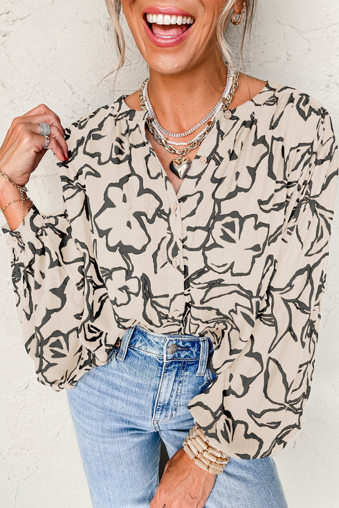 Abstract Sketch Floral Button Front Woven Blouse