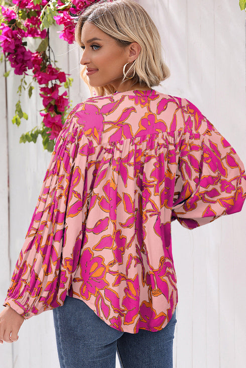 Abstract Sketch Floral Button Front Woven Blouse
