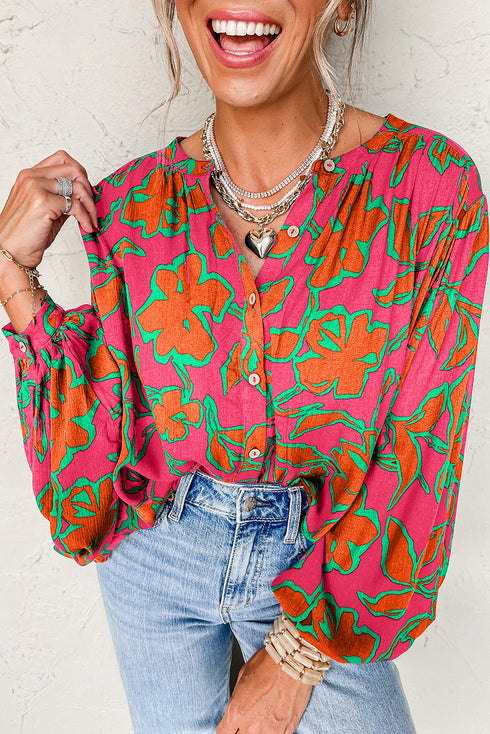 Abstract Sketch Floral Button Front Woven Blouse
