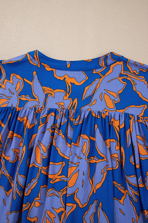 Abstract Sketch Floral Button Front Woven Blouse