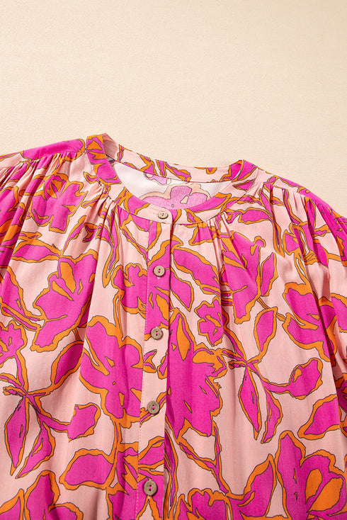 Abstract Sketch Floral Button Front Woven Blouse