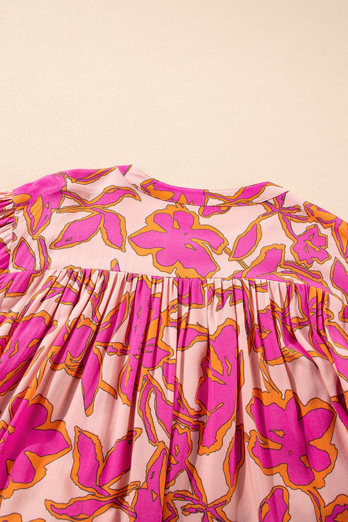Abstract Sketch Floral Button Front Woven Blouse