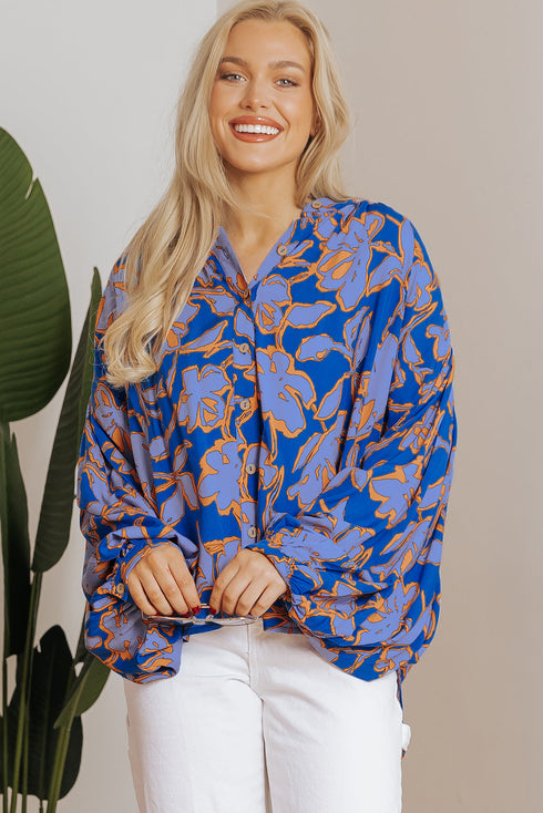 Abstract Sketch Floral Button Front Woven Blouse