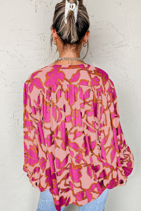 Abstract Sketch Floral Button Front Woven Blouse