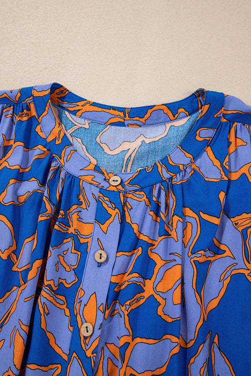 Abstract Sketch Floral Button Front Woven Blouse