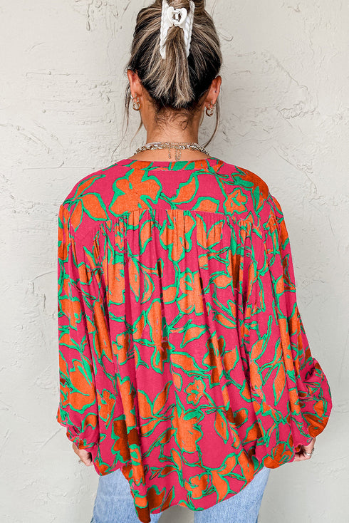 Abstract Sketch Floral Button Front Woven Blouse