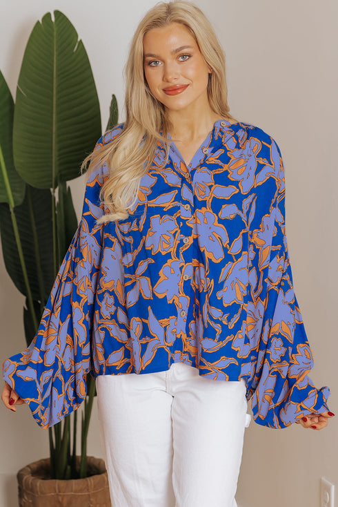 Abstract Sketch Floral Button Front Woven Blouse