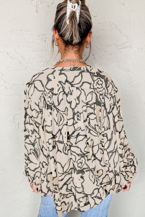Abstract Sketch Floral Button Front Woven Blouse