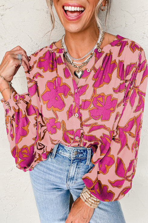 Abstract Sketch Floral Button Front Woven Blouse