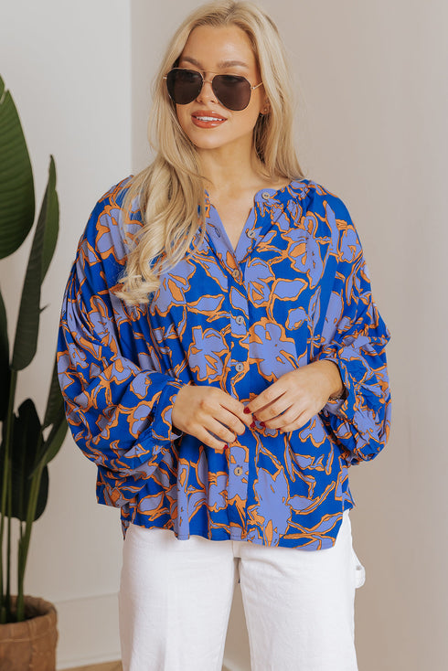 Abstract Sketch Floral Button Front Woven Blouse