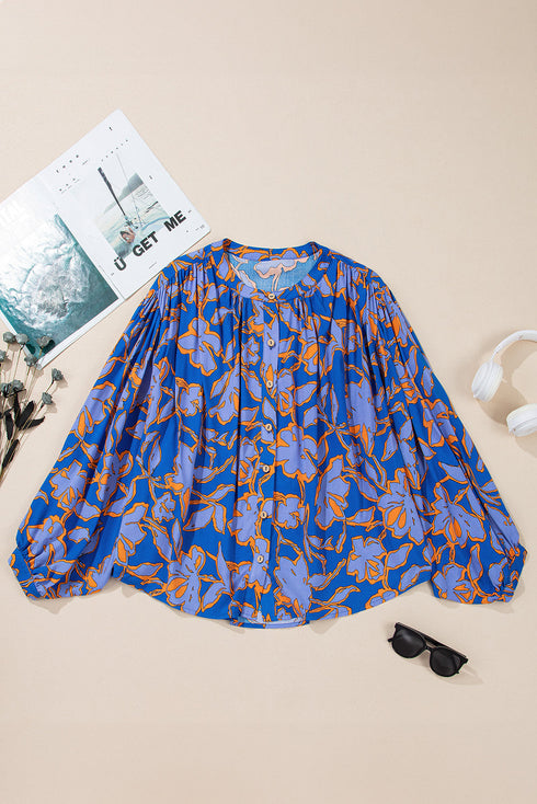 Abstract Sketch Floral Button Front Woven Blouse