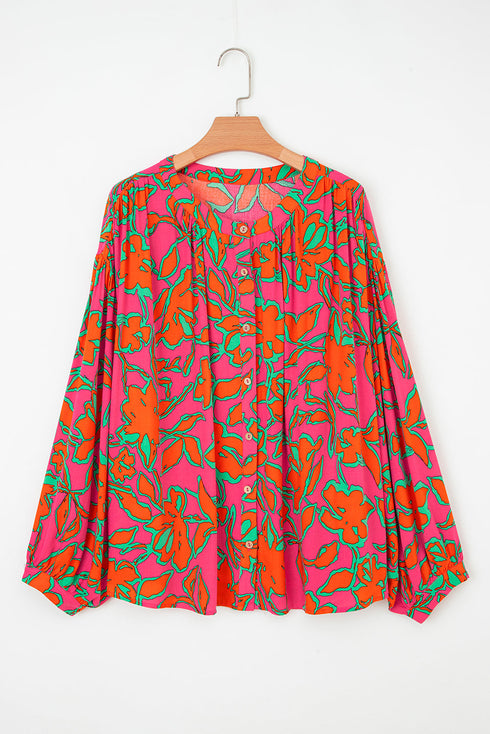 Abstract Sketch Floral Button Front Woven Blouse