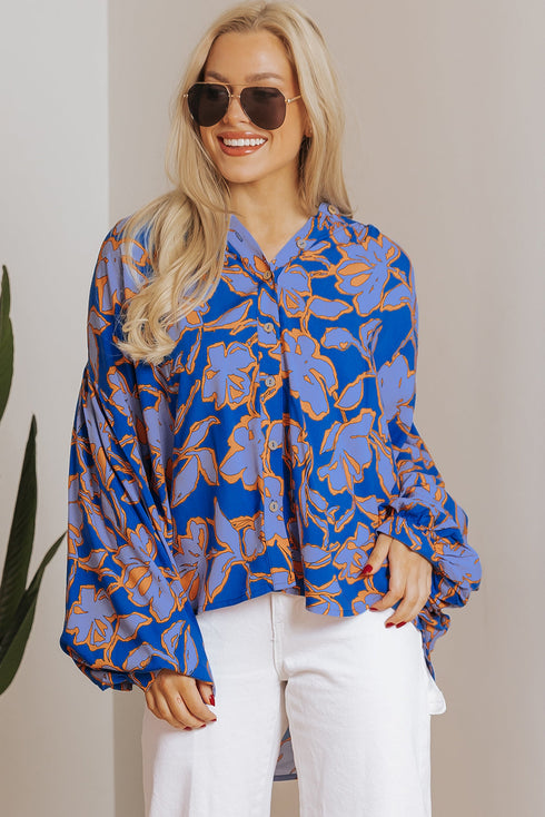 Abstract Sketch Floral Button Front Woven Blouse