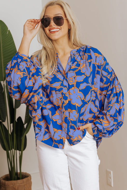Abstract Sketch Floral Button Front Woven Blouse