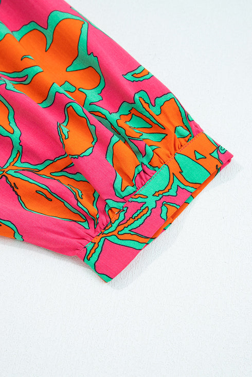 Abstract Sketch Floral Button Front Woven Blouse