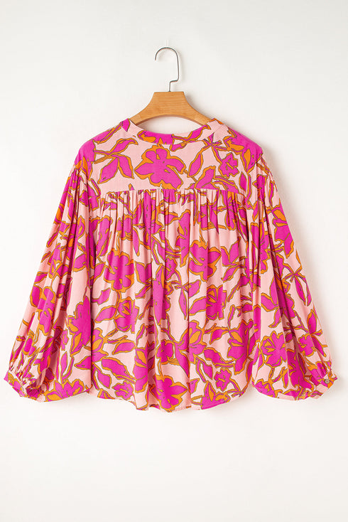 Abstract Sketch Floral Button Front Woven Blouse