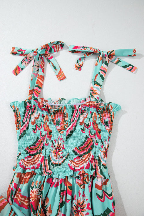 Abstract Smocked Bodice Knotted Strap Ruffled Maxi Dress