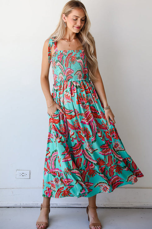 Abstract Smocked Bodice Knotted Strap Ruffled Maxi Dress