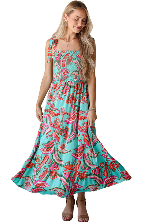 Abstract Smocked Bodice Knotted Strap Ruffled Maxi Dress