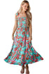 Abstract Smocked Bodice Knotted Strap Ruffled Maxi Dress