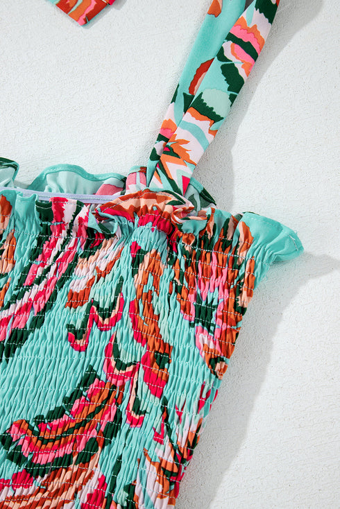 Abstract Smocked Bodice Knotted Strap Ruffled Maxi Dress