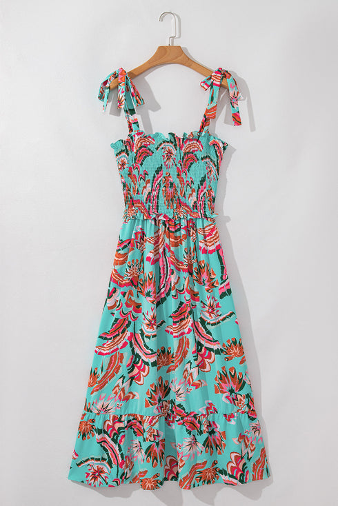 Abstract Smocked Bodice Knotted Strap Ruffled Maxi Dress