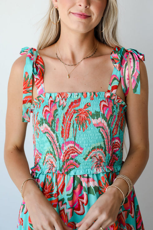 Abstract Smocked Bodice Knotted Strap Ruffled Maxi Dress