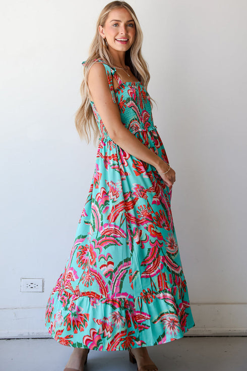 Abstract Smocked Bodice Knotted Strap Ruffled Maxi Dress