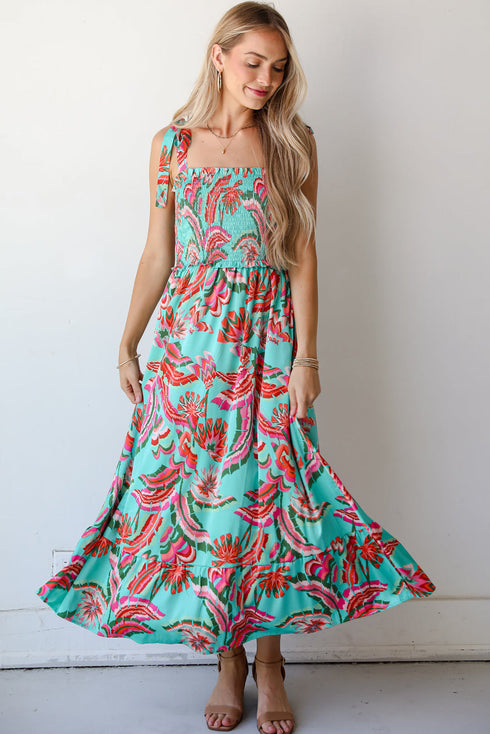 Abstract Smocked Bodice Knotted Strap Ruffled Maxi Dress