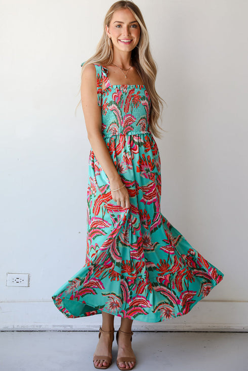Abstract Smocked Bodice Knotted Strap Ruffled Maxi Dress