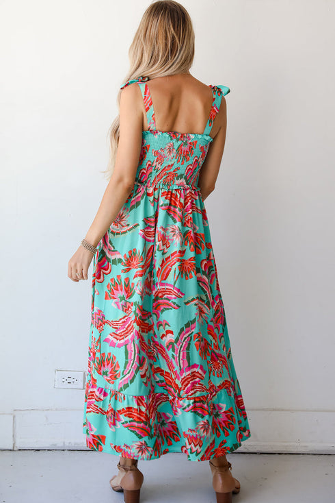 Abstract Smocked Bodice Knotted Strap Ruffled Maxi Dress